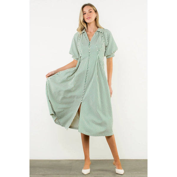 Puff Sleeve Green Striped Button Maxi Dress