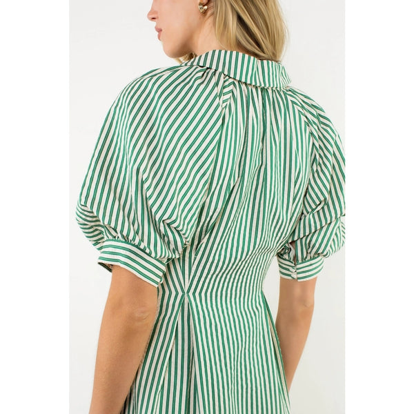 Puff Sleeve Green Striped Button Maxi Dress