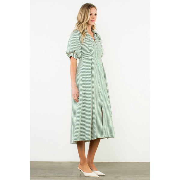 Puff Sleeve Green Striped Button Maxi Dress