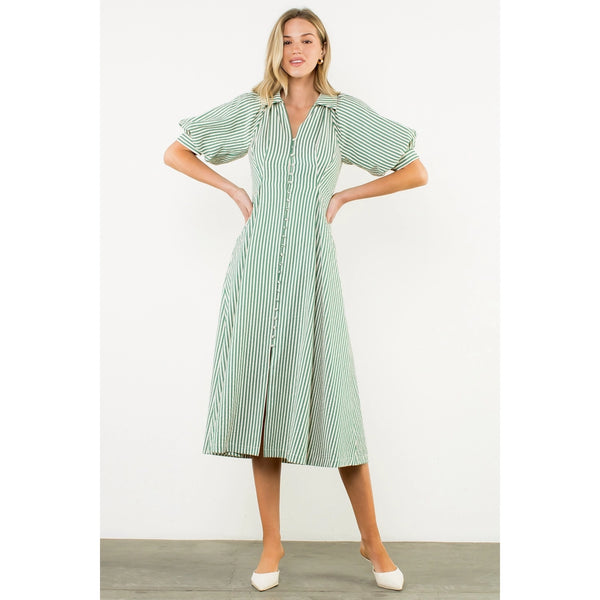 Puff Sleeve Green Striped Button Maxi Dress