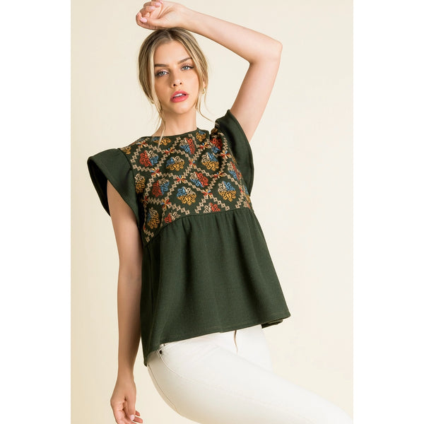 Rib Knit Flutter Sleeve Emb Top