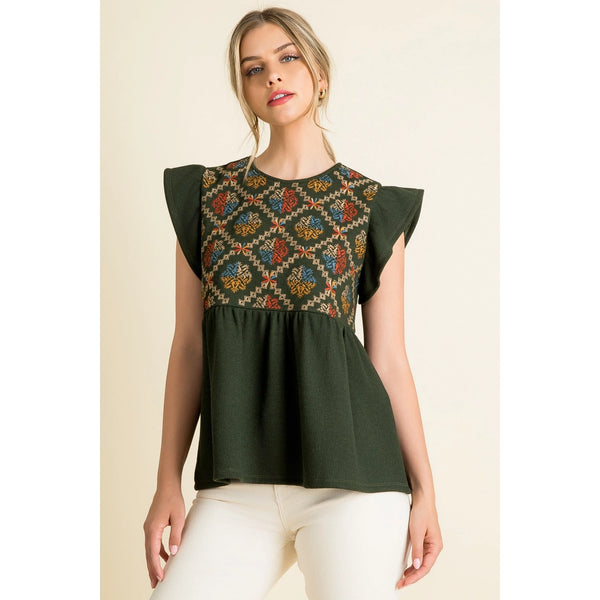 Rib Knit Flutter Sleeve Emb Top