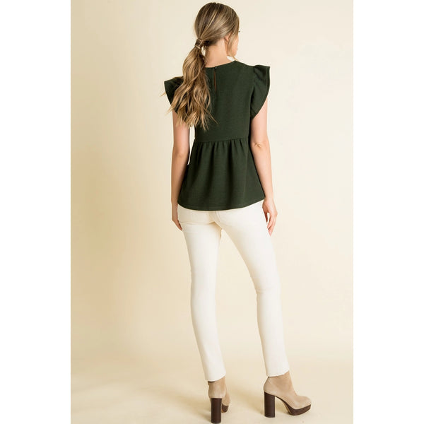 Rib Knit Flutter Sleeve Emb Top