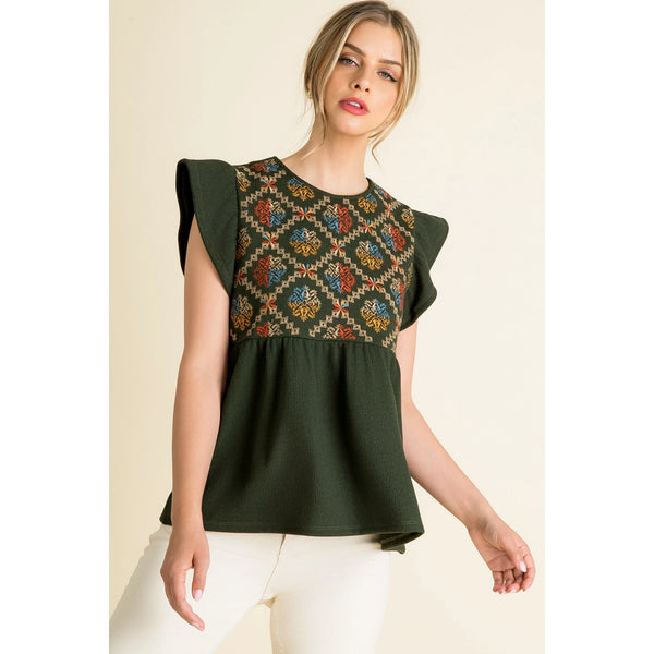 Rib Knit Flutter Sleeve Emb Top