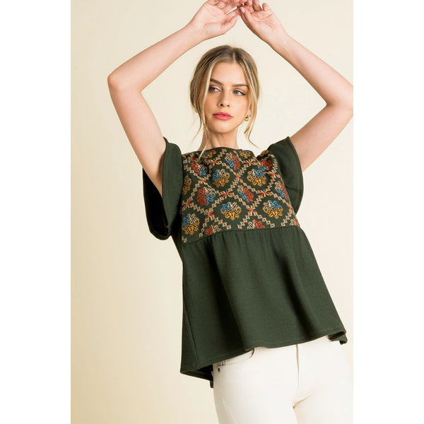 Rib Knit Flutter Sleeve Emb Top