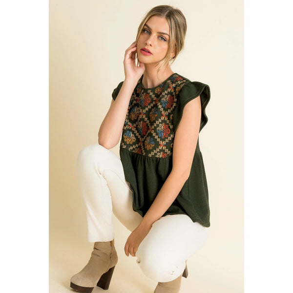 Rib Knit Flutter Sleeve Emb Top