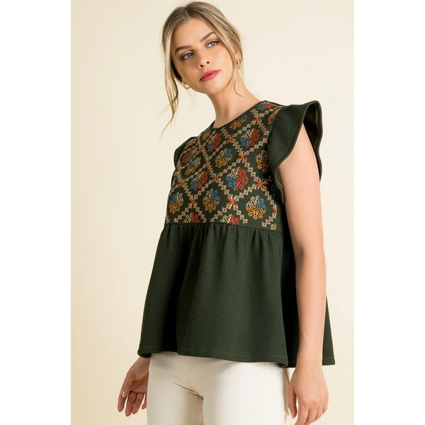 Rib Knit Flutter Sleeve Emb Top