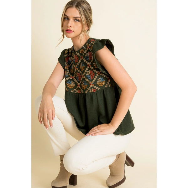 Rib Knit Flutter Sleeve Emb Top