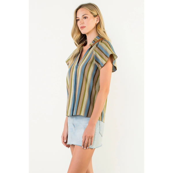 Short Sleeve Olive Striped V-Neck Top