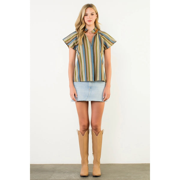 Short Sleeve Olive Striped V-Neck Top