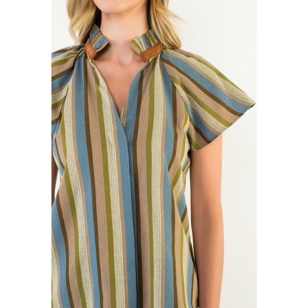 Short Sleeve Olive Striped V-Neck Top