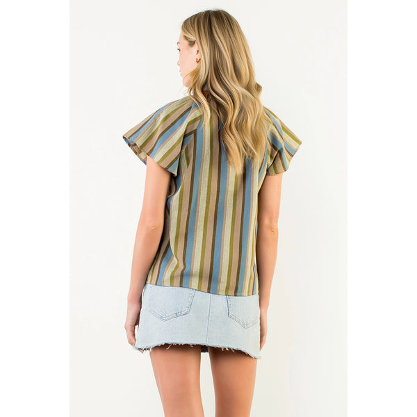 Short Sleeve Olive Striped V-Neck Top