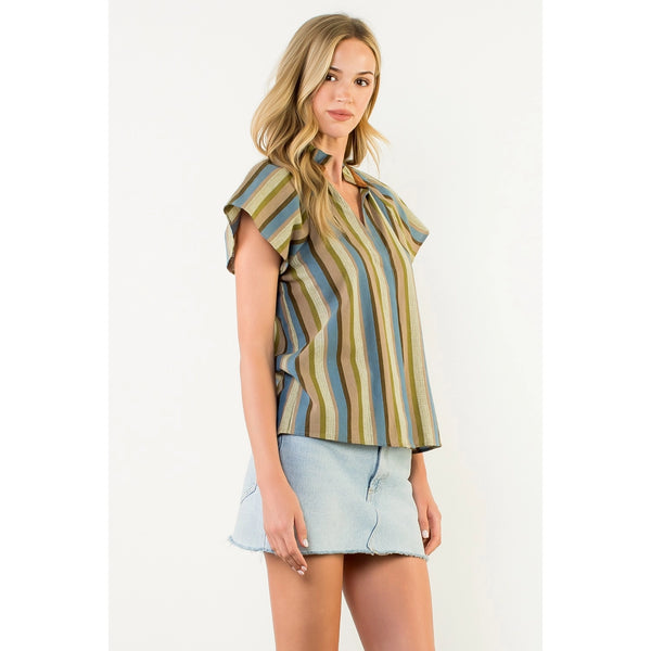 Short Sleeve Olive Striped V-Neck Top