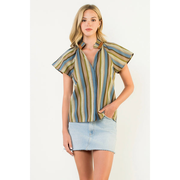 Short Sleeve Olive Striped V-Neck Top