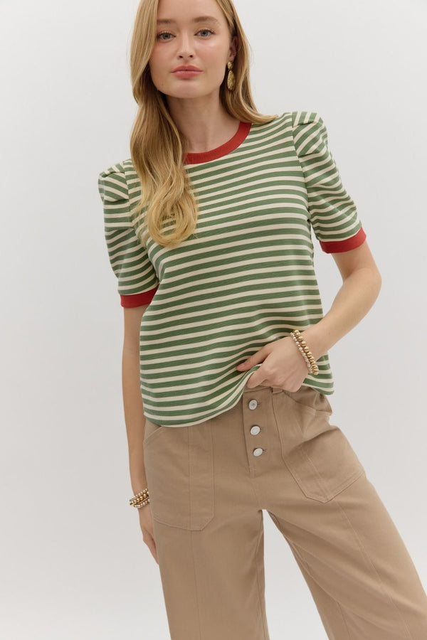 Olive Stripe Short Sleeve Top