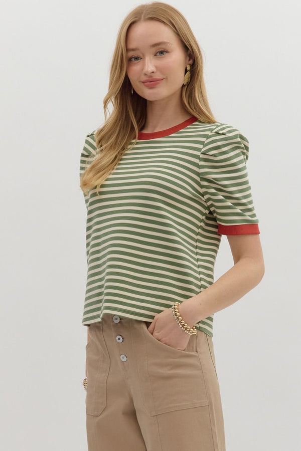 Olive Stripe Short Sleeve Top