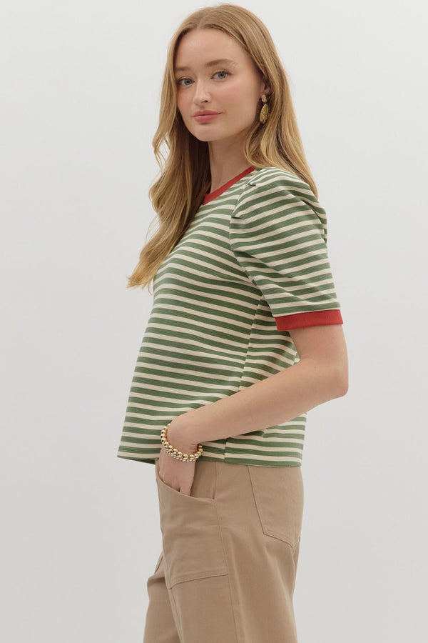 Olive Stripe Short Sleeve Top
