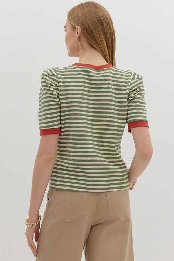 Olive Stripe Short Sleeve Top