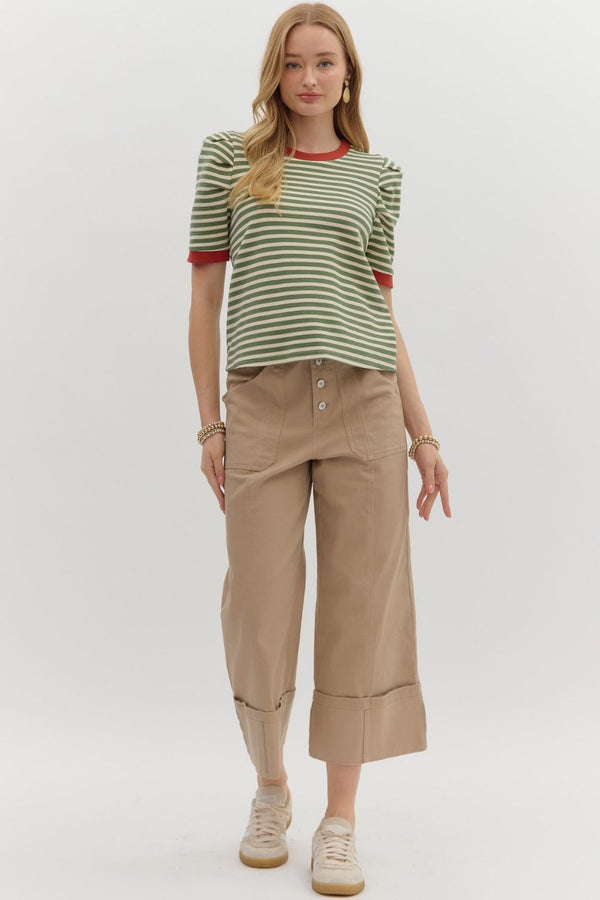 Olive Stripe Short Sleeve Top