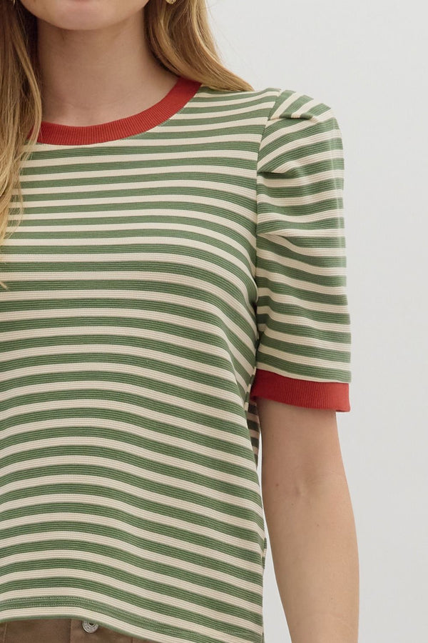 Olive Stripe Short Sleeve Top