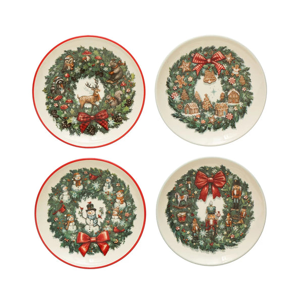 5" Round Stoneware Plate w/ Holiday Wreath
