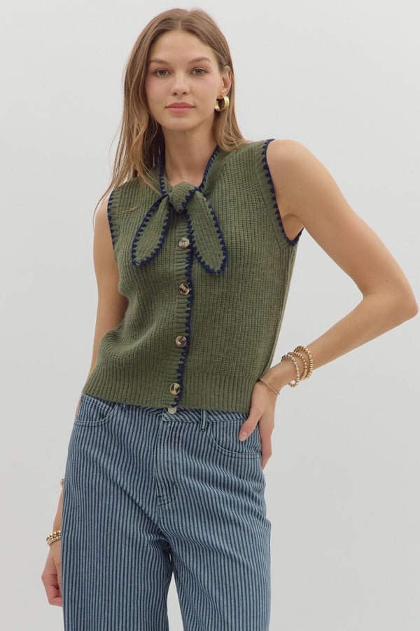 Olive Sleeveless Sweater with Front Knot