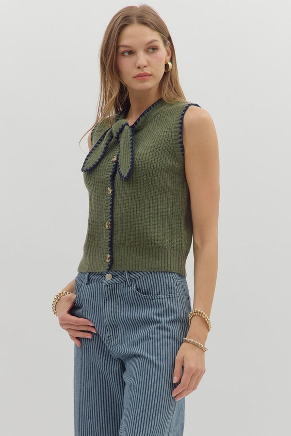 Olive Sleeveless Sweater with Front Knot