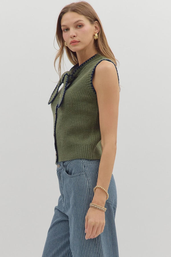 Olive Sleeveless Sweater with Front Knot