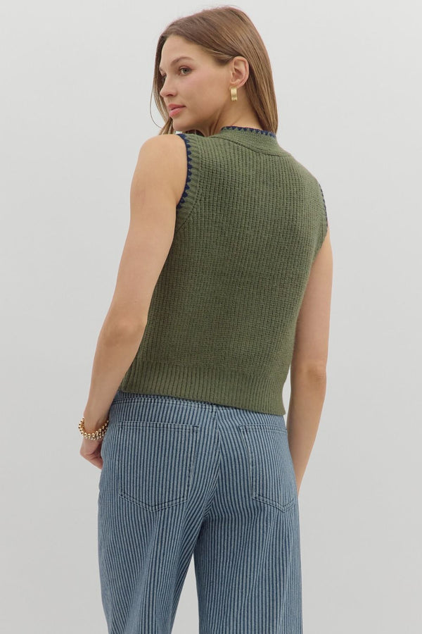 Olive Sleeveless Sweater with Front Knot