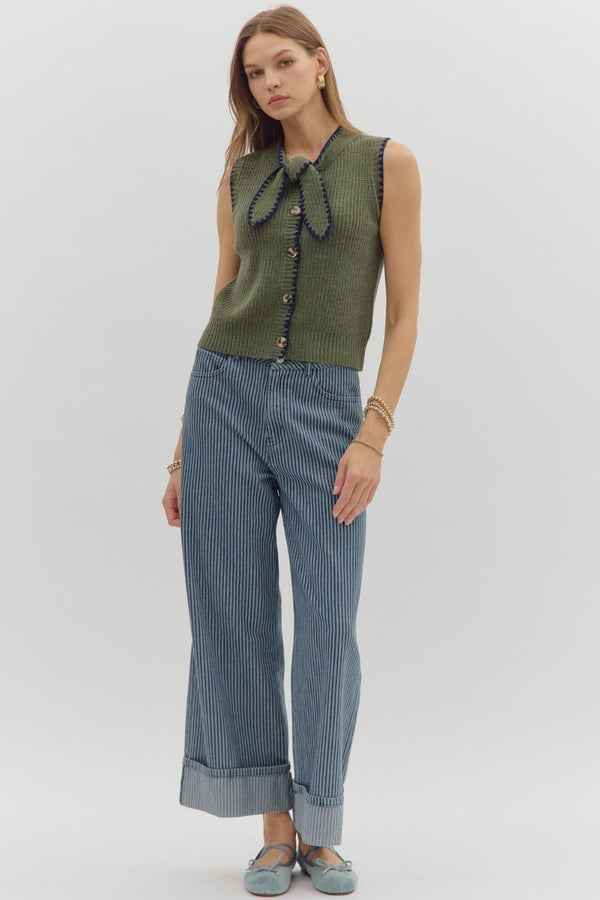 Olive Sleeveless Sweater with Front Knot