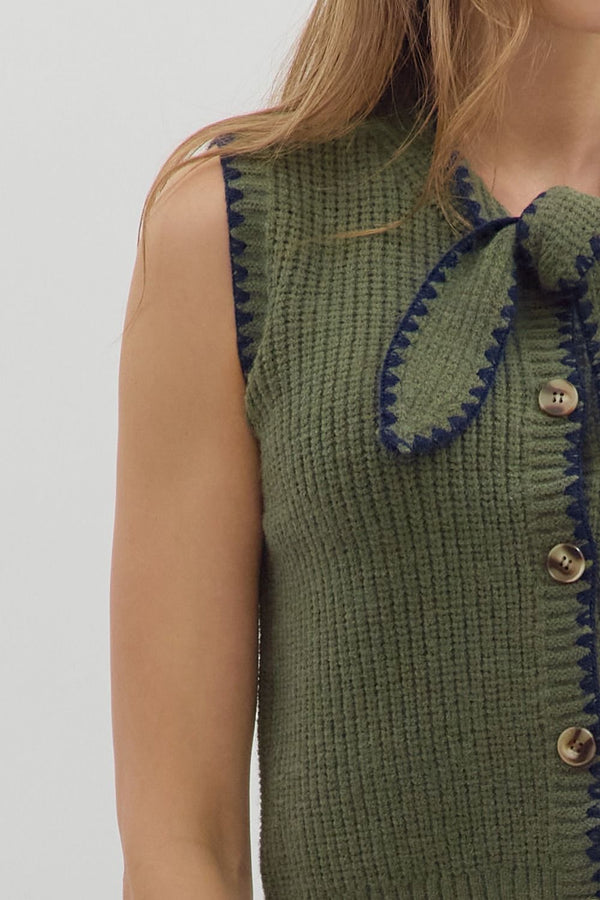 Olive Sleeveless Sweater with Front Knot