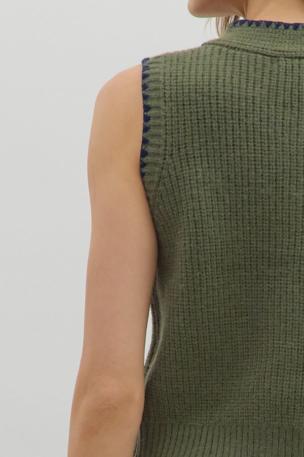 Olive Sleeveless Sweater with Front Knot