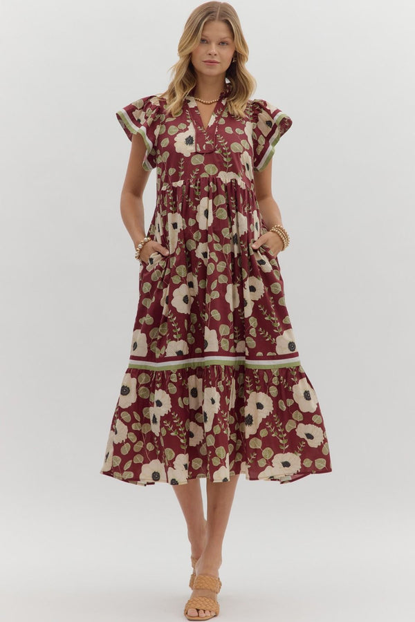 Wine Floral Print Tiered Midi Dress