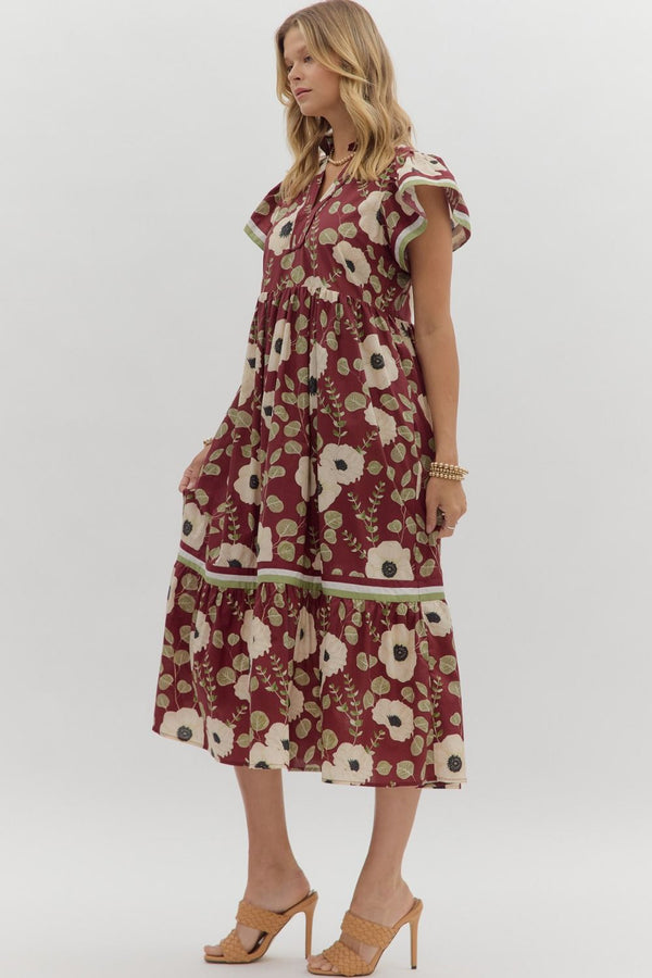 Wine Floral Print Tiered Midi Dress