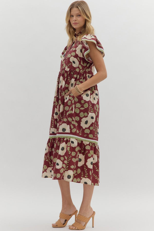 Wine Floral Print Tiered Midi Dress