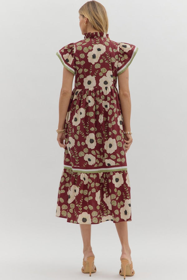 Wine Floral Print Tiered Midi Dress
