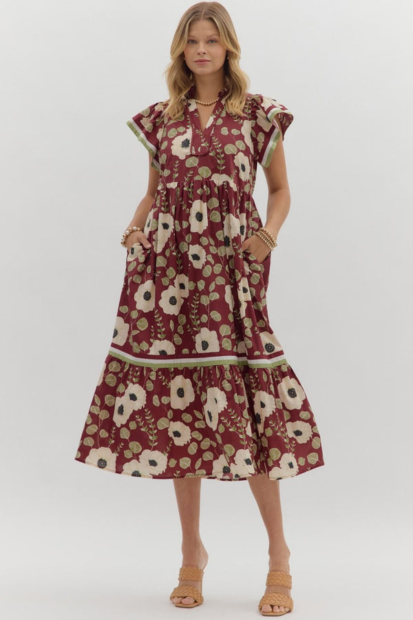 Wine Floral Print Tiered Midi Dress