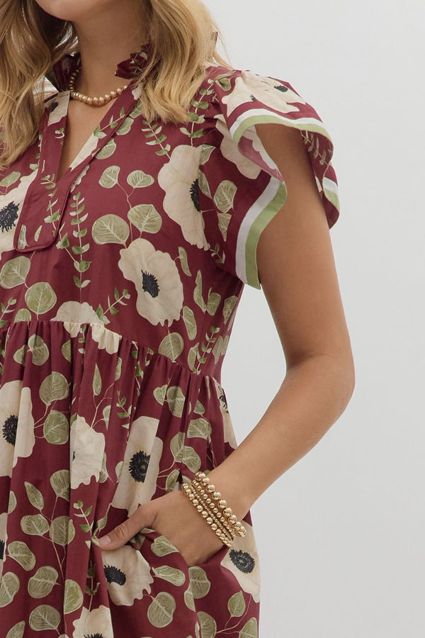 Wine Floral Print Tiered Midi Dress