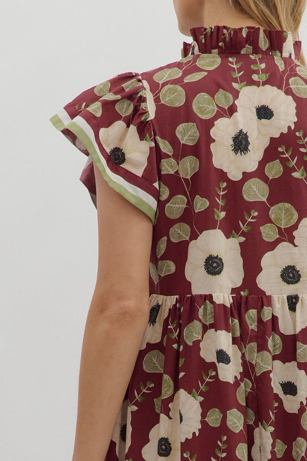 Wine Floral Print Tiered Midi Dress