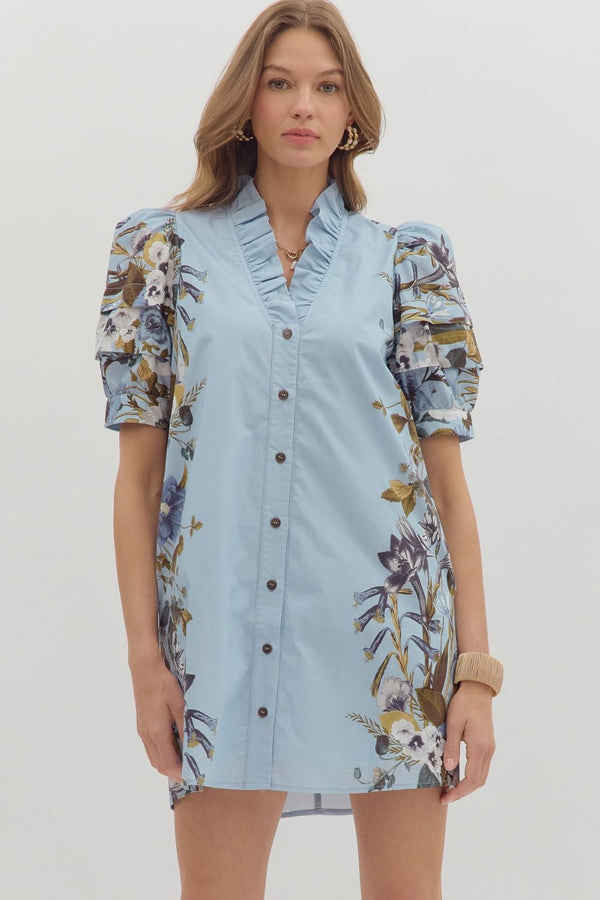 Chambray Floral Print V Neck Mini Dress