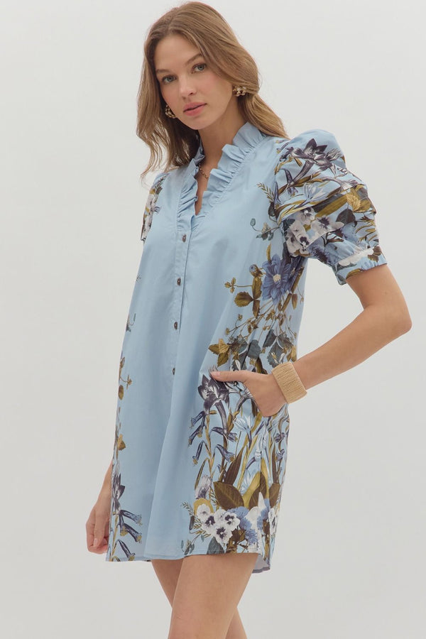 Chambray Floral Print V Neck Mini Dress