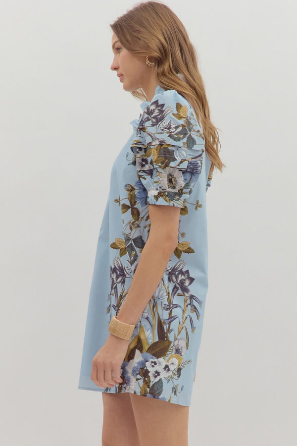 Chambray Floral Print V Neck Mini Dress