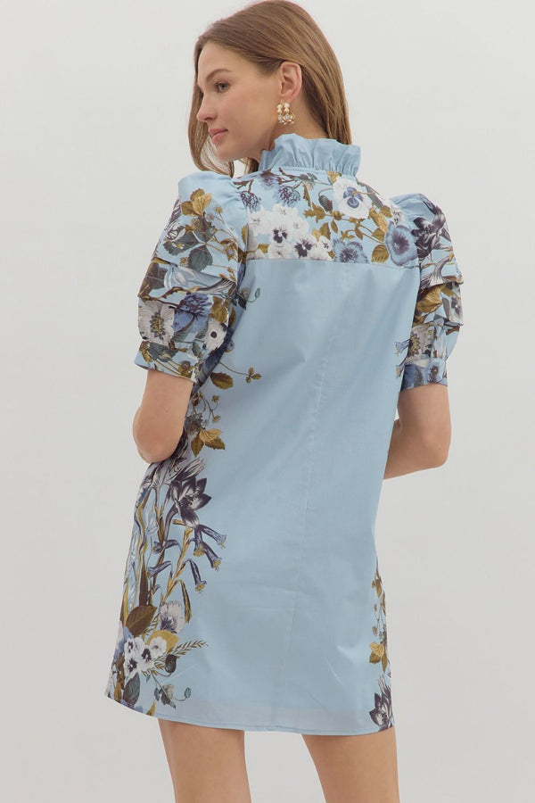 Chambray Floral Print V Neck Mini Dress