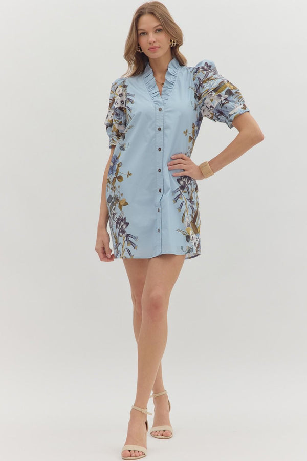 Chambray Floral Print V Neck Mini Dress
