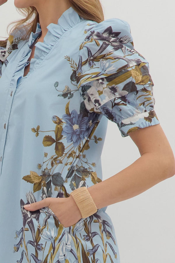 Chambray Floral Print V Neck Mini Dress