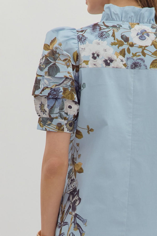 Chambray Floral Print V Neck Mini Dress