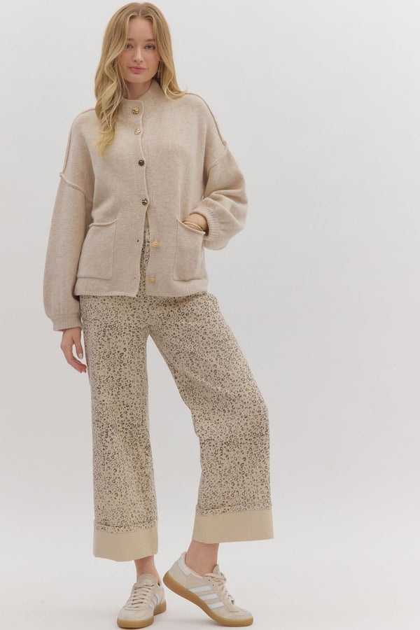 Oatmeal Knit Cardigan with Mock Neck