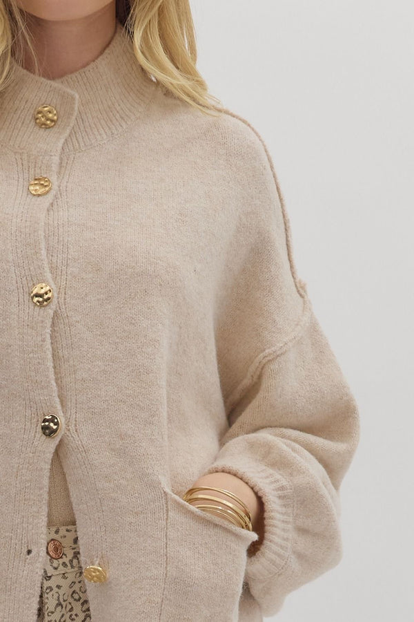 Oatmeal Knit Cardigan with Mock Neck
