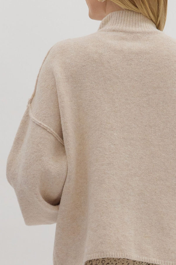 Oatmeal Knit Cardigan with Mock Neck