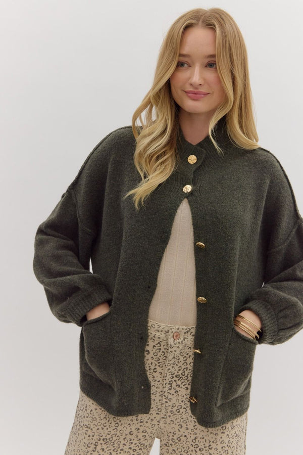Olive Knit Cardigan with Mock Neck